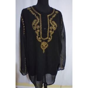 Fairycore Women's 1X Blouse Sheer Long Sleeve Black Size Gold Embroidery